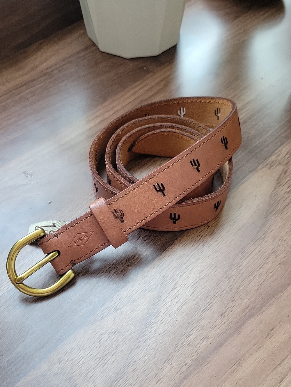 Fossil Brown Leather Belt with Cactus Cut Out Design SZ M